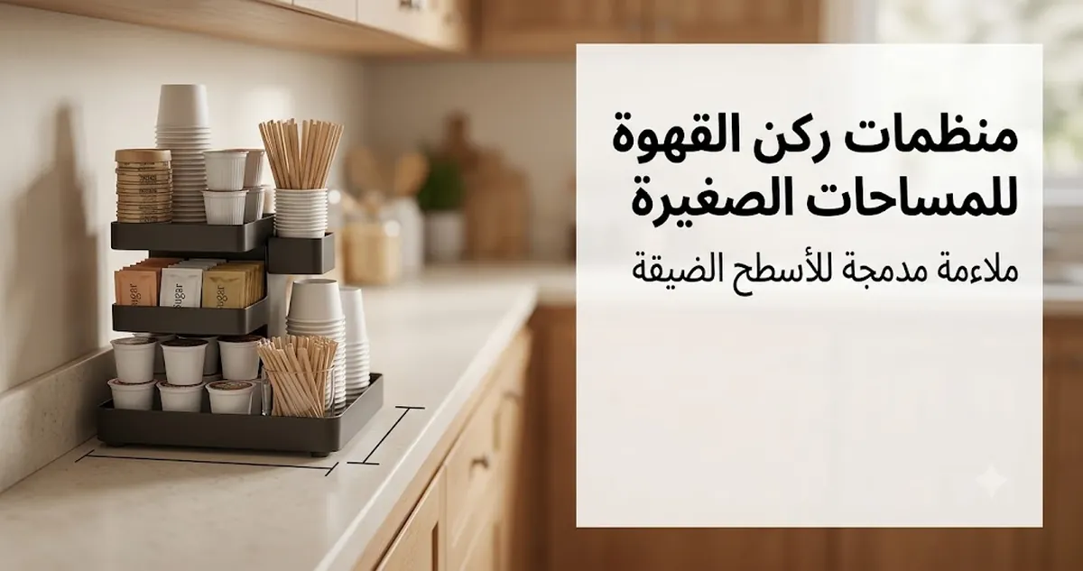 منظم ركن قهوة صغير على سطح ضيق مع مستلزمات مكدسة ومساحة شغل محدودة