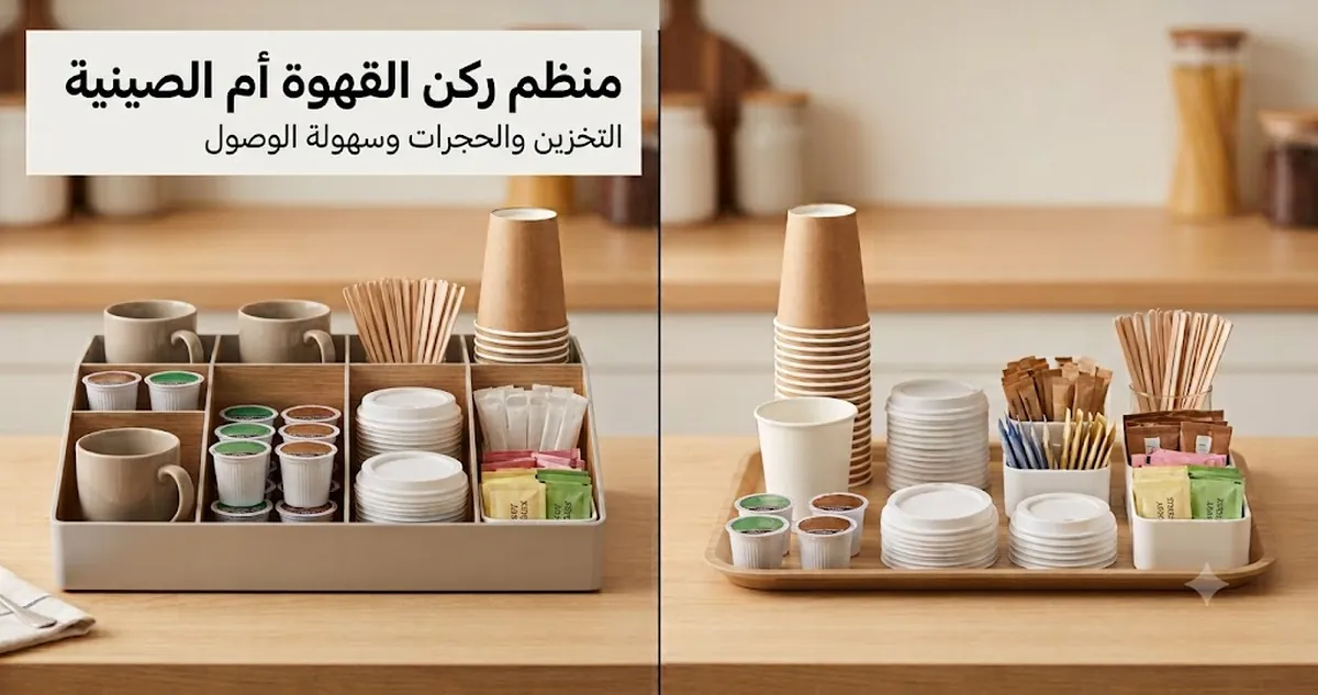 مقارنة بين منظم ركن القهوة والصينية من حيث التخزين على السطح والحجرات وسهولة الوصول اليومي