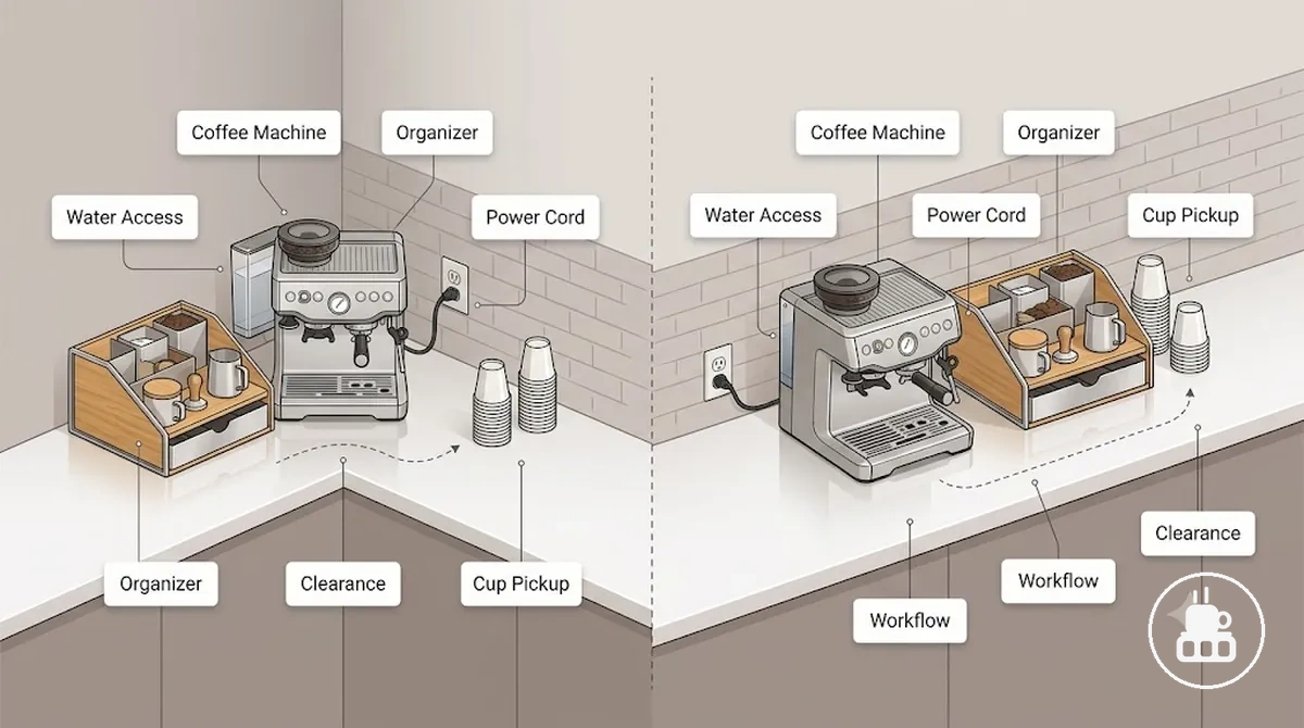 Kaffeestation-Organizer neben einer Kaffeemaschine positioniert mit freiem Zugang zum Wassernachfüllen und zur Tassenentnahme