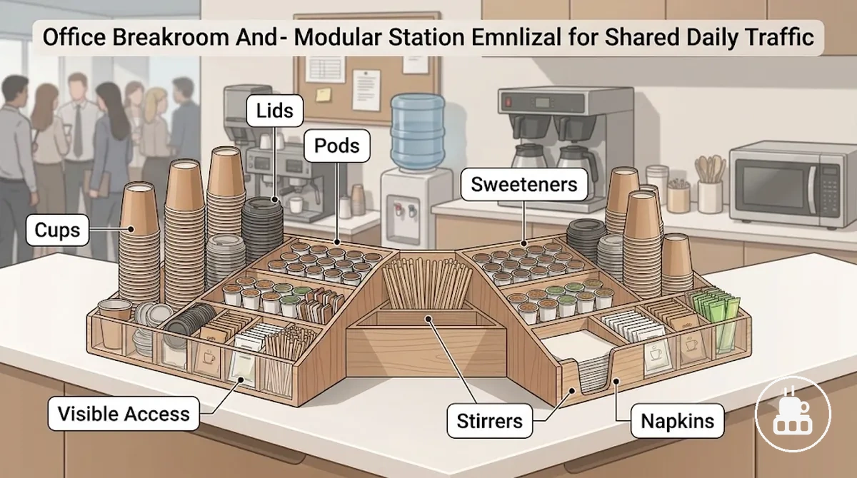 Kaffeestation-Organizer mit Tassen, Deckeln, Kapseln, Süßungsmitteln, Rührstäbchen und Servietten in sichtbaren Fächern.