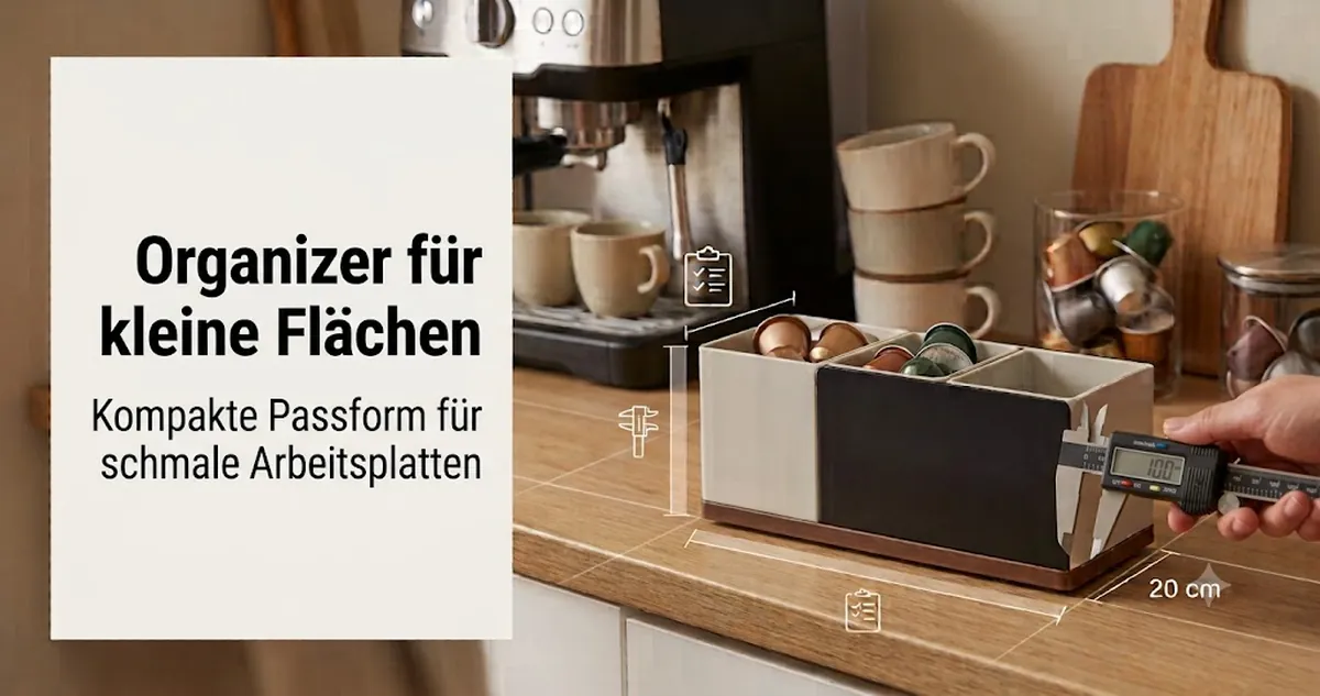 Kompakter Kaffeestation-Organizer auf einer schmalen Arbeitsplatte mit gestapeltem Zubehör und geringer Stellfläche