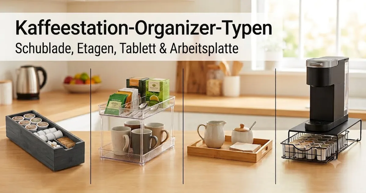 Verschiedene Typen von Kaffeestation-Organizern, darunter Modelle mit Schublade, Etagen, Tablett und Arbeitsplatten-Design