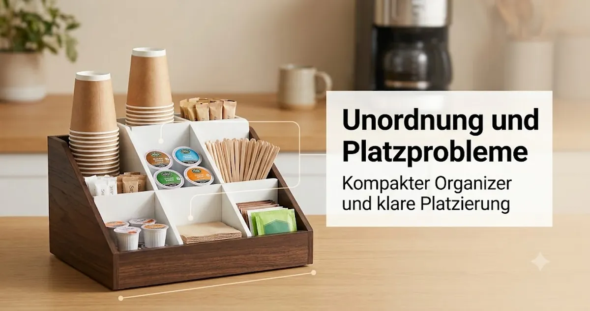 Unordentliche Kaffeestation, verbessert mit einem kompakten Organizer, Fächern und besserer Platzierung des Zubehörs