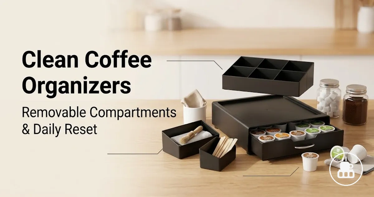 Coffee station organizer with removable compartments being cleaned and reset for daily use
