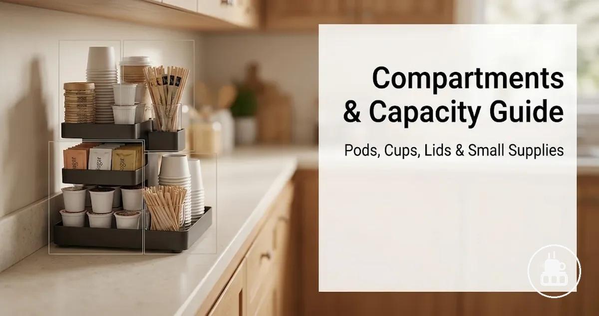 Coffee station organizer compartments holding pods, cups, lids, stirrers, sweeteners, and small supplies