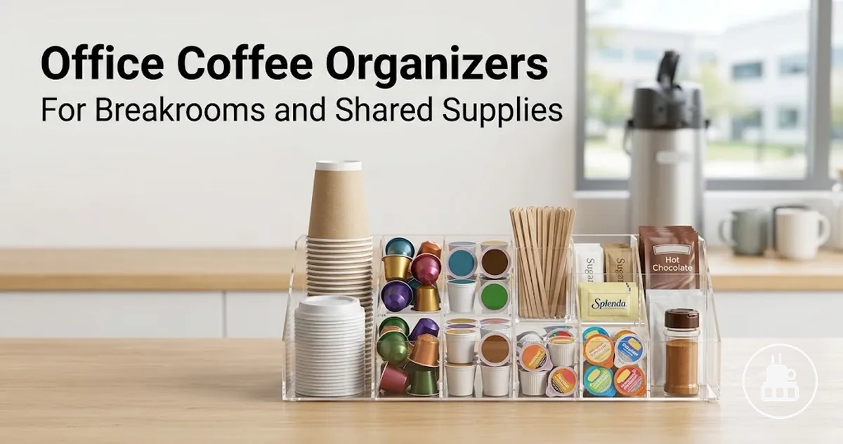 Office breakroom coffee station organizer with cups, lids, pods, stirrers, and shared condiments