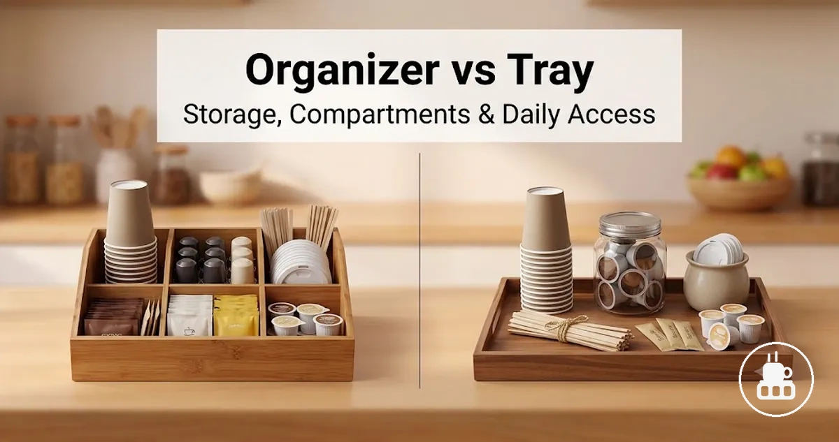 Coffee station organizer and tray compared for counter storage, compartments, and daily access