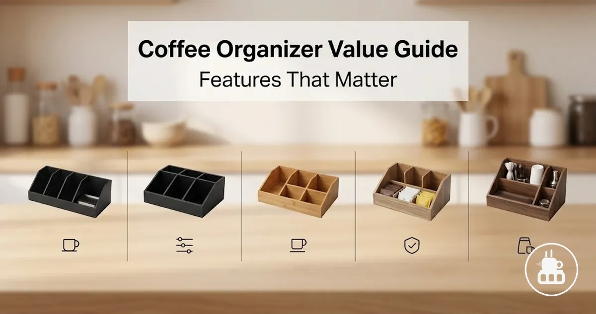 Coffee station organizer feature comparison showing drawers, compartments, materials, and storage capacity
