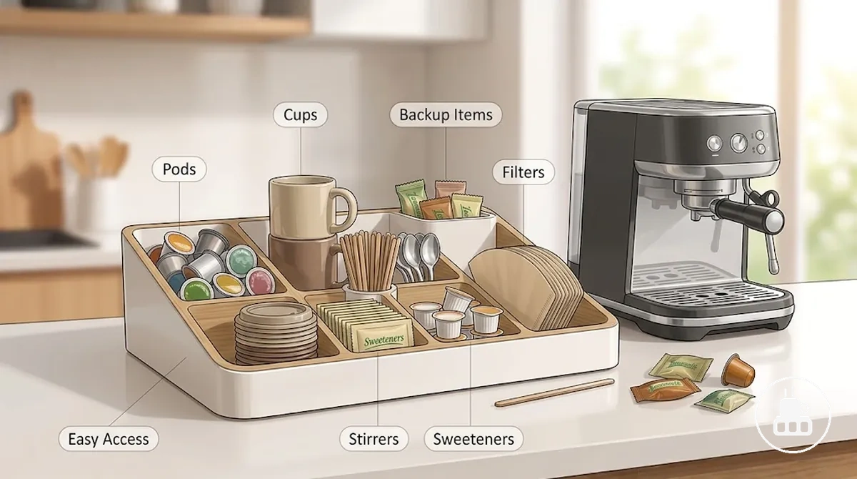 Daily-use coffee supplies arranged in a coffee station organizer with pods, cups, lids, and condiments