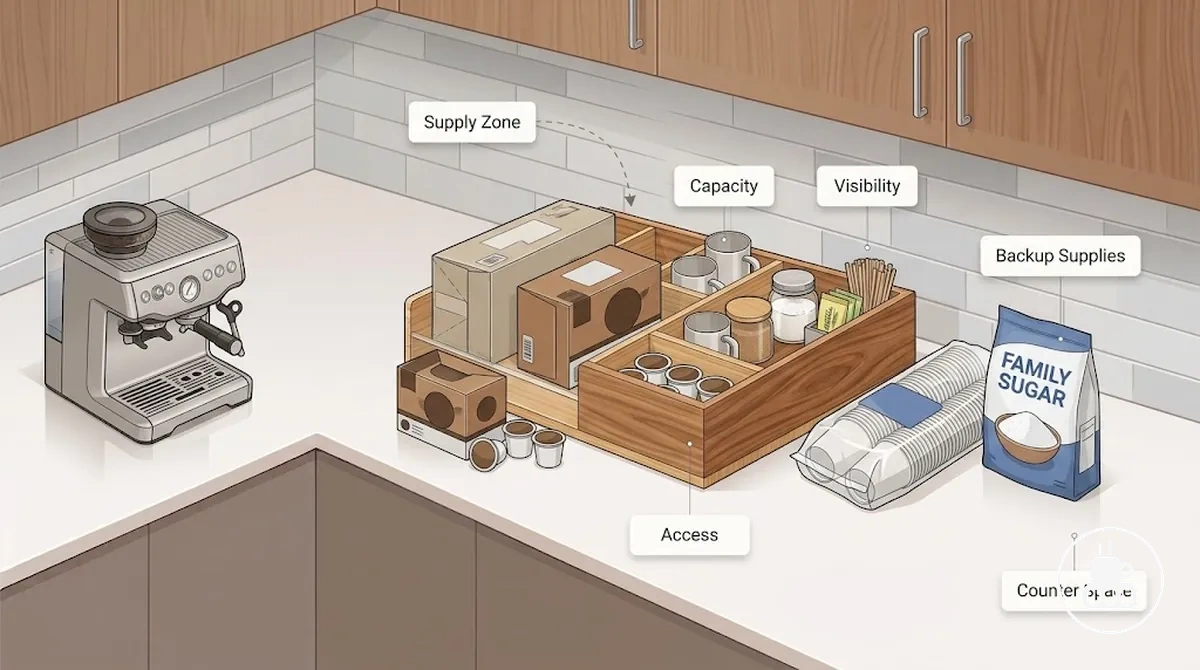 Coffee station organizer with supplies still cluttering the counter