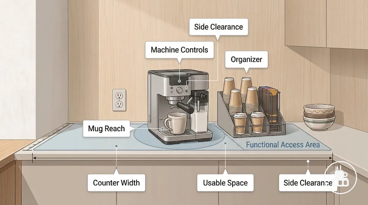Counter width and side clearance beside a coffee machine for a coffee station organizer