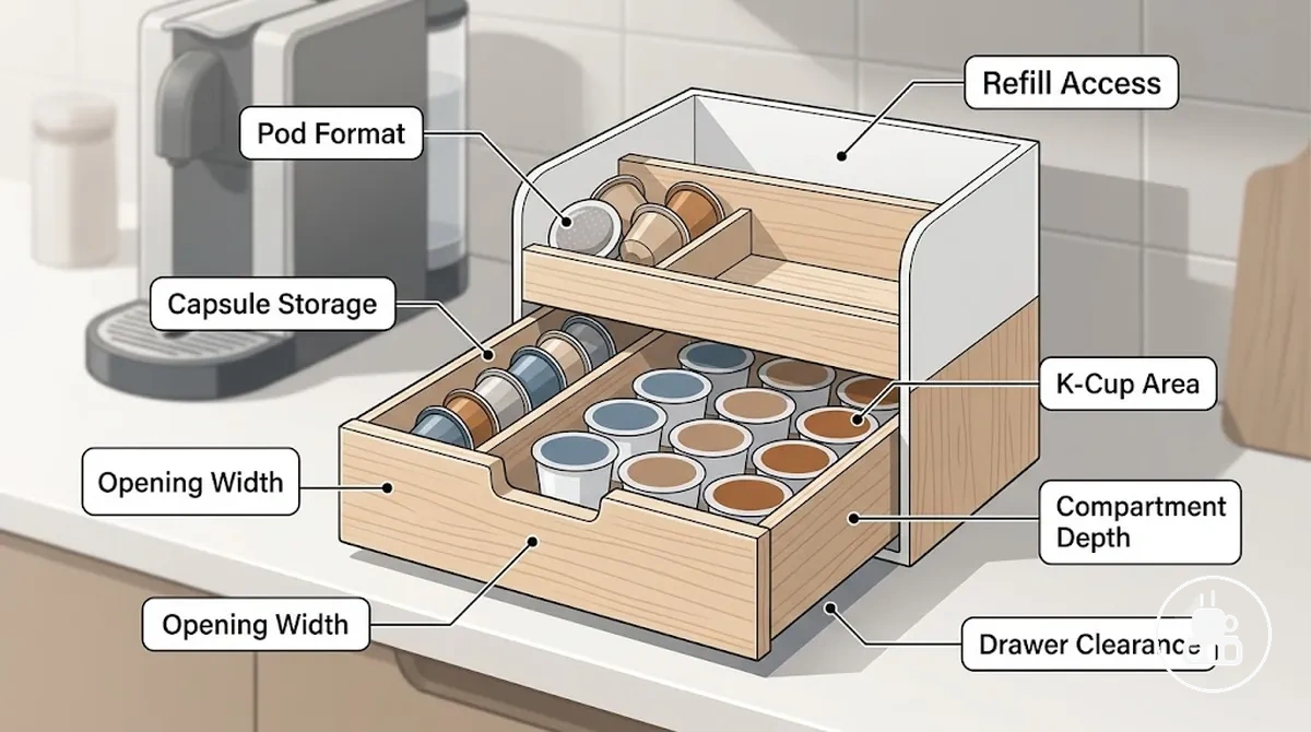 Close-up of coffee pod compartment showing capsule fit and refill access