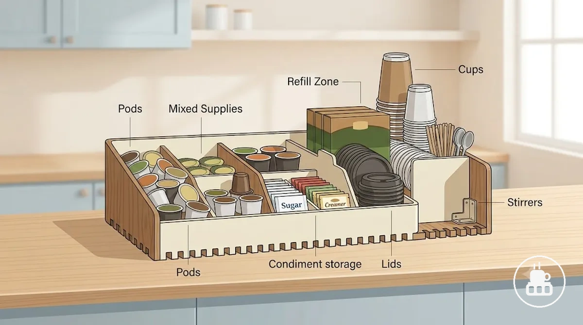 Labeled coffee station organizer showing pods cups lids and condiment packets