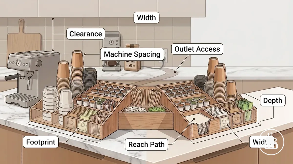 Coffee station organizer counter fit shown with footprint clearance and machine spacing