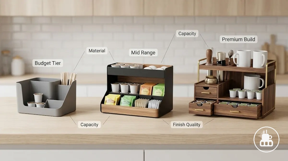 Coffee station organizer price ranges comparison showing materials, capacity, and build differences