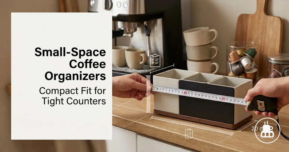 Compact coffee station organizer used on a tight counter with stacked supplies and a small footprint