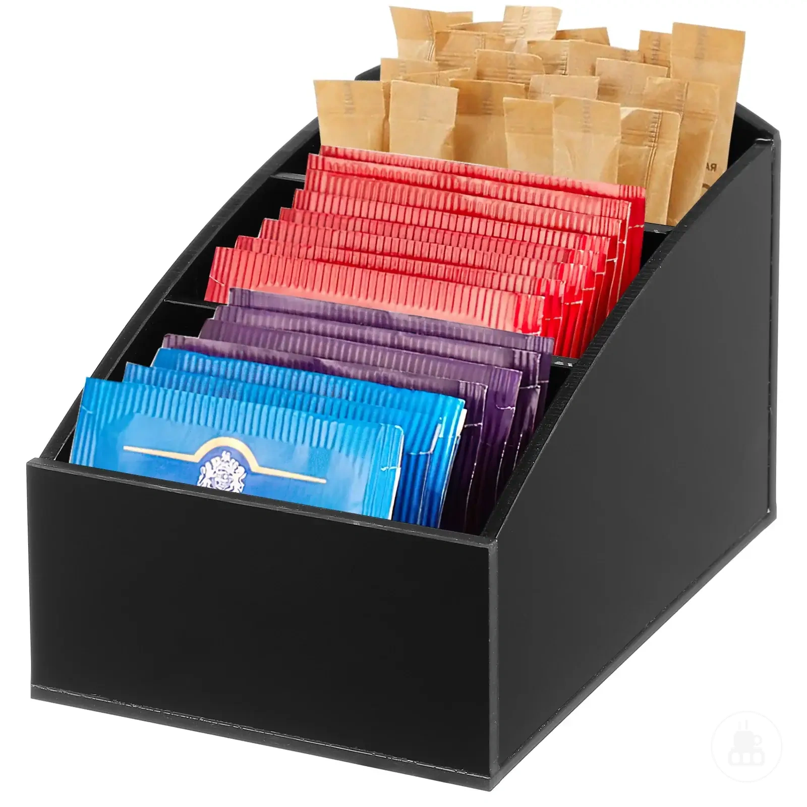 Caja de sobremesa para bolsitas de té y sobres de azúcar en una estación de café