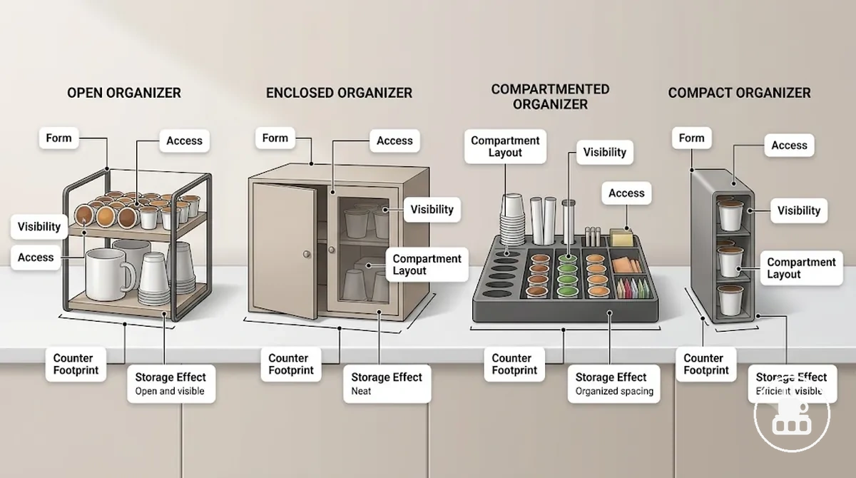 tipos de organizadores para estación de café comparados por forma, acceso y visibilidad