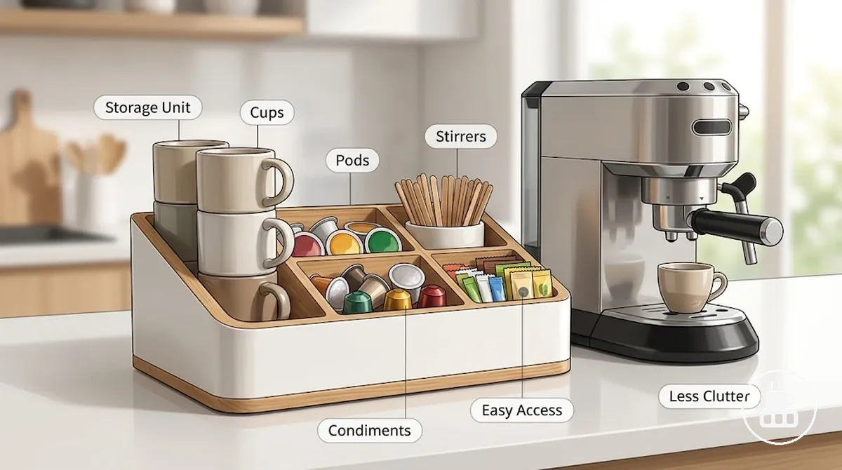Organizador para estación de café medido para ajuste en la encimera junto a una máquina de café y un gabinete.