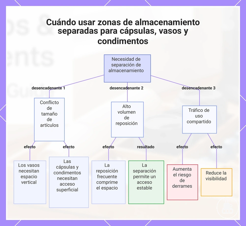 Cuándo usar zonas de almacenamiento separadas para cápsulas, vasos y condimentos