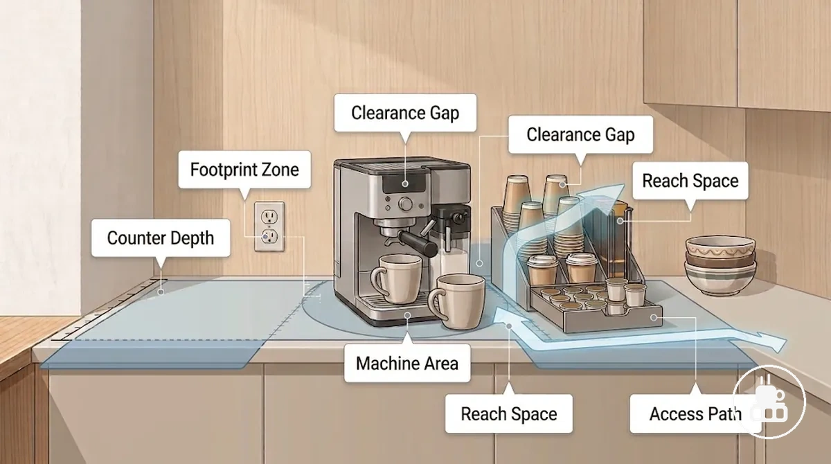 diagrama que muestra la huella, el espacio libre y la zona de alcance de un organizador de café compacto en una encimera reducida