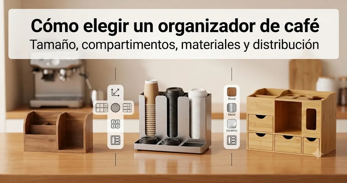 Opciones de organizadores para estación de café comparadas por tamaño, compartimentos, materiales y distribución en encimera