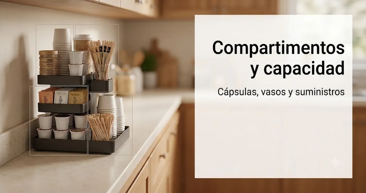 Compartimentos de un organizador para estación de café con cápsulas, vasos, tapas, removedores, edulcorantes y pequeños suministros