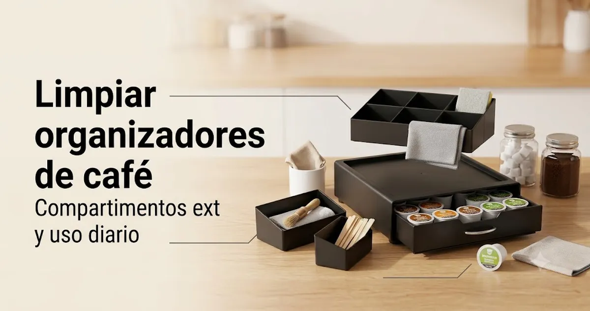 Organizador para estación de café con compartimentos extraíbles durante la limpieza y preparación para el uso diario