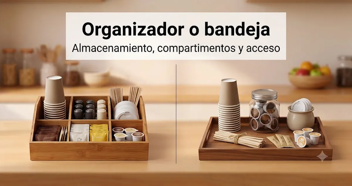 Organizador para estación de café y bandeja comparados para almacenamiento en encimera, compartimentos y acceso diario
