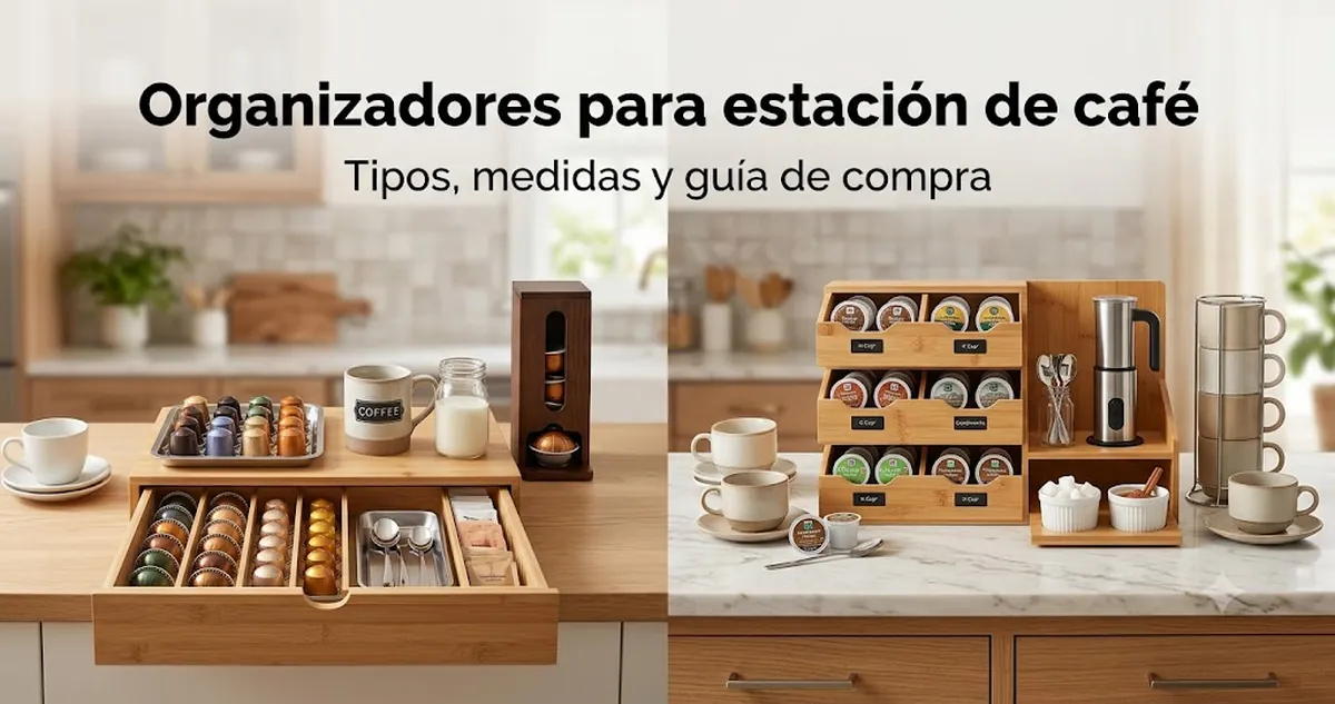 Organizadores para estación de café en una encimera con cajones, bandejas, compartimentos, vasos, cápsulas y condimentos