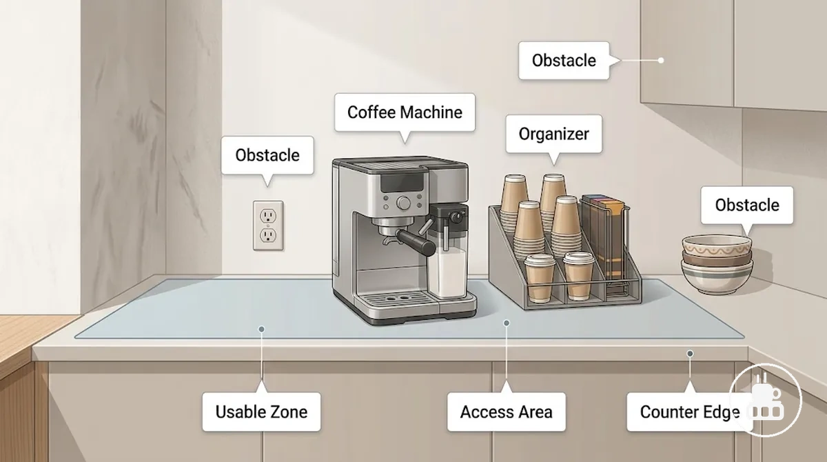 Zone de comptoir utilisable pour positionner un organiseur de coin café autour des obstacles à proximité et des zones d accès