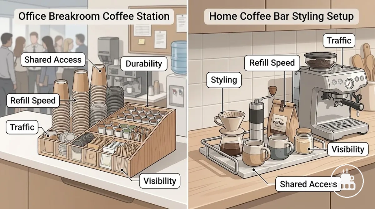 Organiseur de coin café de bureau comparé au style de bar à café domestique selon l accès, la durabilité et les besoins de réapprovisionnement.