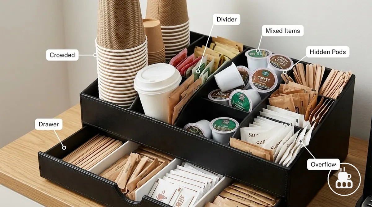Compartiments d organiseur pour coin café trop pleins avec des fournitures mélangées
