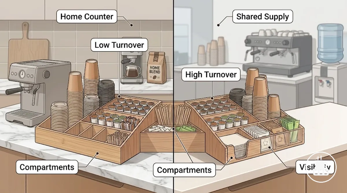 Coin café domestique et organiseur partagé comparés par les besoins de réapprovisionnement et de compartiments