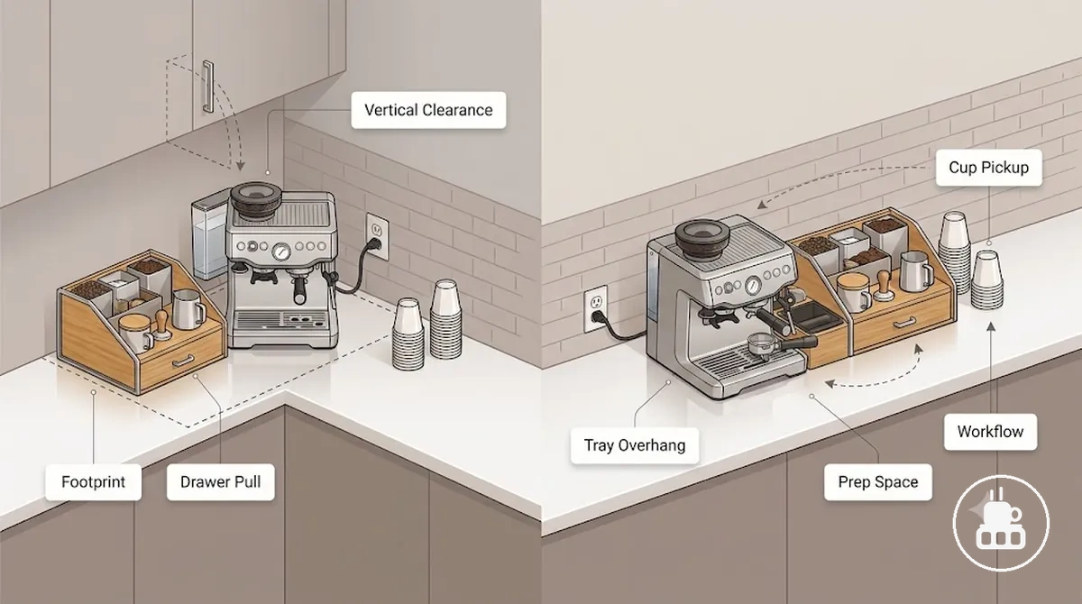 Configuration compacte d un organiseur de coin café sur un plan de travail restreint sans gêner le flux de travail du café
