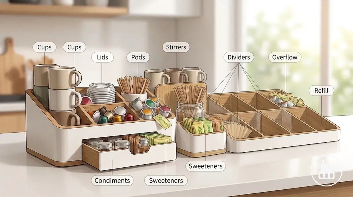 Organiseur pour coin café à compartiments contenant dosettes, tasses, édulcorants et agitateurs