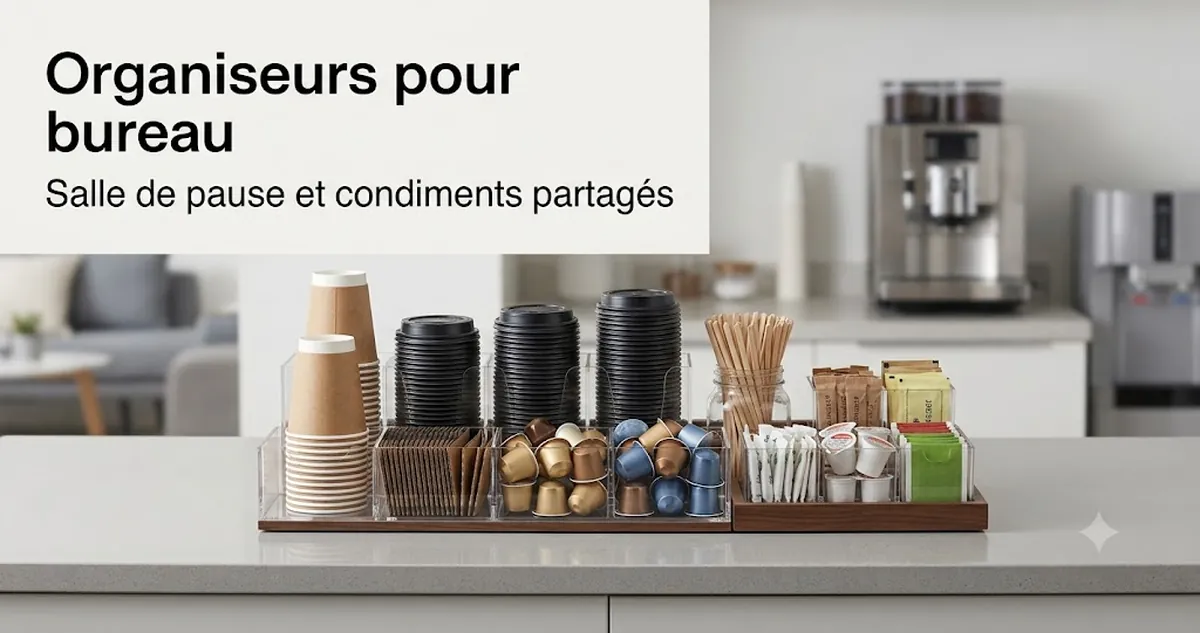 Organiseur pour coin café dans une salle de pause de bureau avec gobelets, couvercles, capsules, agitateurs et condiments partagés