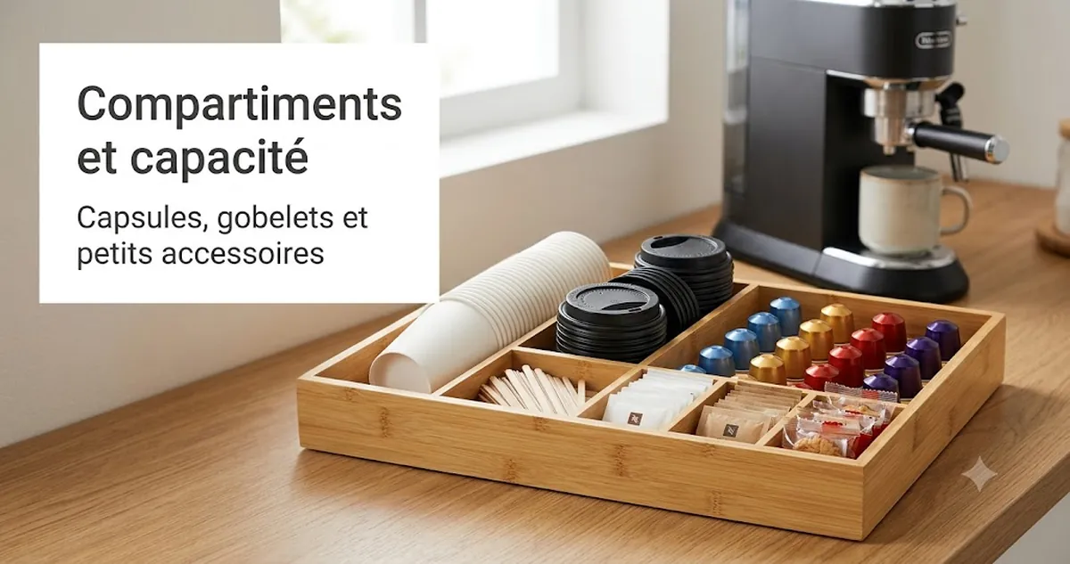 Compartiments d’un organiseur pour coin café contenant capsules, gobelets, couvercles, agitateurs, édulcorants et petits accessoires