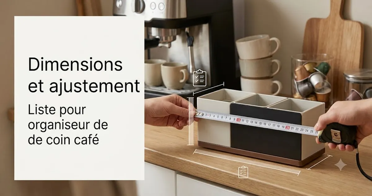 Organiseur pour coin café mesuré sur un plan de travail près de gobelets, de capsules et d’une zone de machine à café