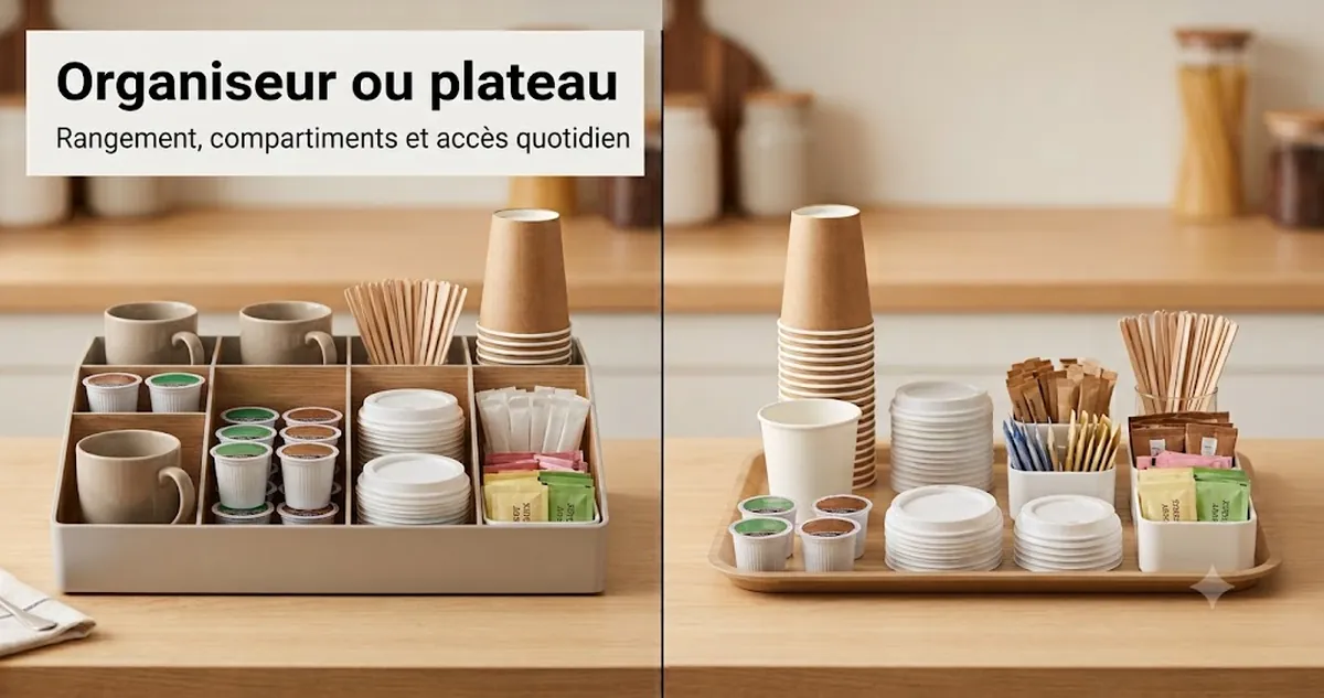 Organiseur pour coin café et plateau comparés pour le rangement sur plan de travail, les compartiments et l’accès quotidien