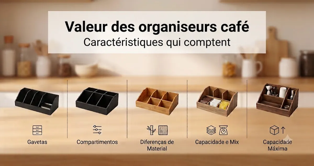 Comparaison des caractéristiques d’organiseurs pour coin café avec tiroirs, compartiments, matériaux et capacité de rangement