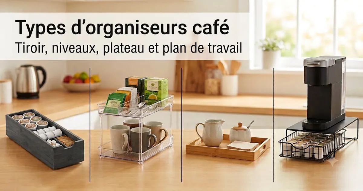 Différents types d’organiseurs pour coin café, avec tiroir, niveaux, plateau et format pour plan de travail
