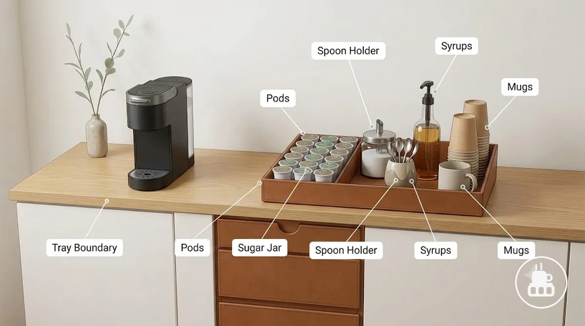 layout em bandeja para café com cápsulas agrupadas, pote de açúcar, porta-colheres e caneca