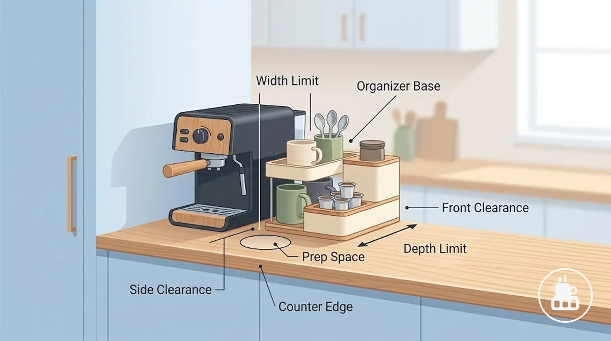 Organizador para estação de café mostrando o número de compartimentos e o espaço de armazenamento útil para suprimentos de café.