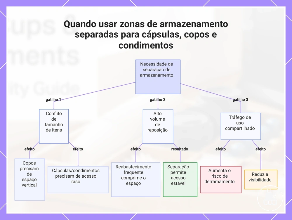 Quando usar zonas de armazenamento separadas para cápsulas, copos e condimentos