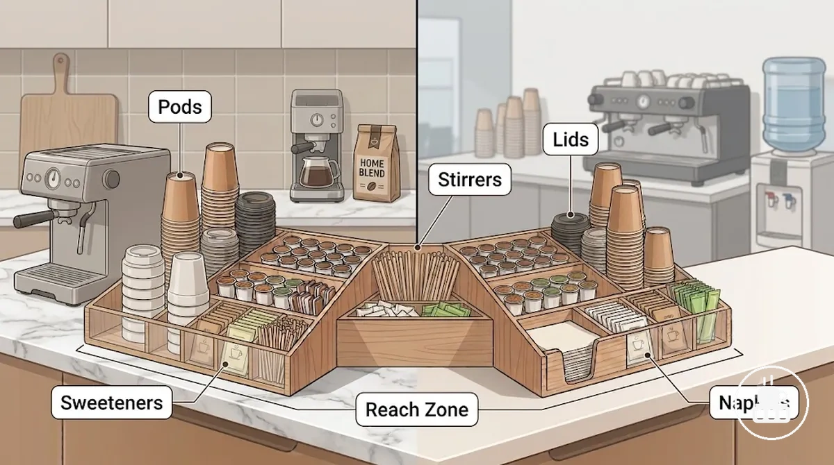 Suprimentos diários de café visíveis e acessíveis em um organizador para estação de café