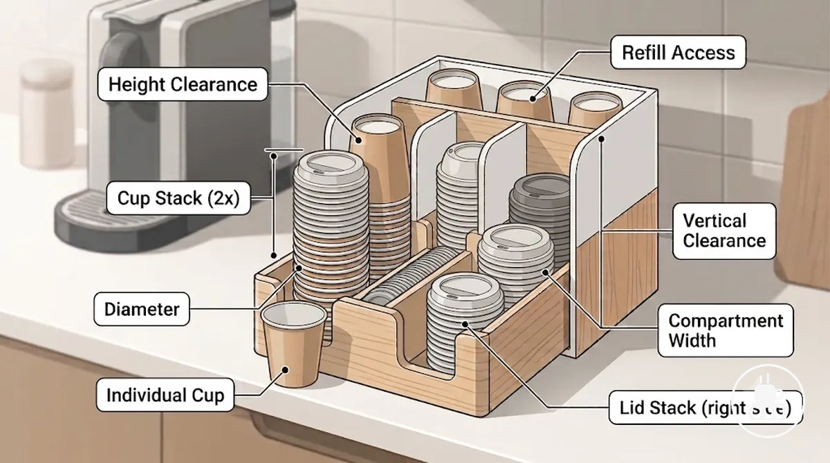Organizador para estação de café adequado para áreas de trabalho compartilhadas com compartimentos visíveis e acesso para reposição.