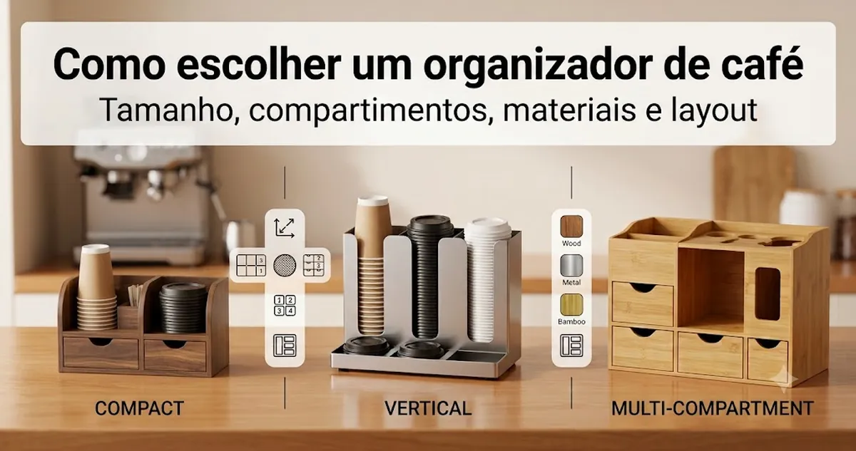 Opções de organizadores para estação de café comparadas por tamanho, compartimentos, materiais e distribuição na bancada