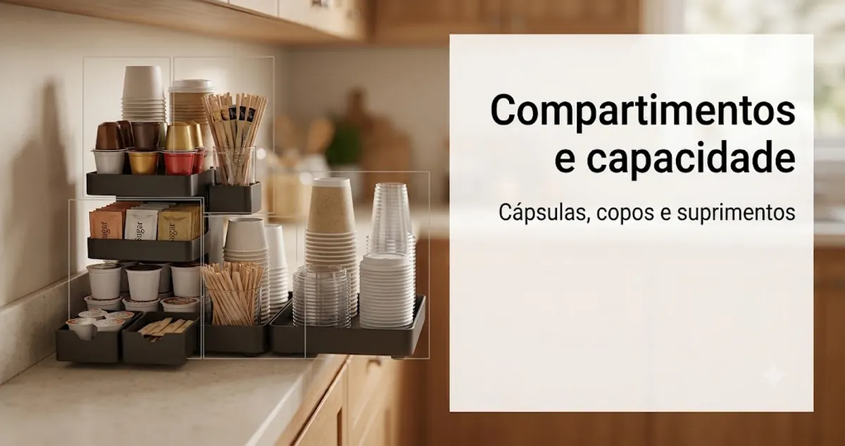 Compartimentos de um organizador para estação de café com cápsulas, copos, tampas, mexedores, adoçantes e pequenos suprimentos