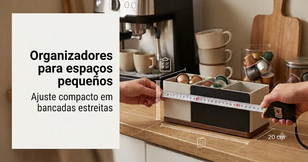 Organizador compacto para estação de café usado em uma bancada estreita com suprimentos empilhados e pouca área ocupada